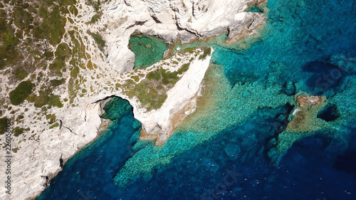 Aerial drone photo of beautiful tropical rocky seascape with emerald crystal clear waters located in Ionian islands, Greece