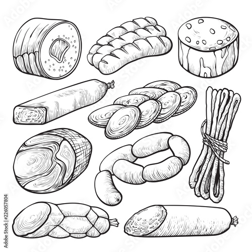 Sausage and salami, delicious meat sketch set