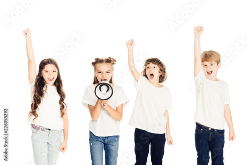excited children screaming with raised hands and megaphone on protest isolated on white