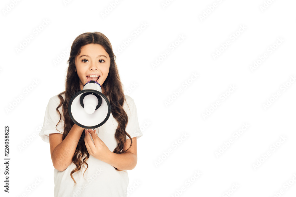 happy child holding loudspeaker and looking at camera isolated on white happy child holding loudspeaker and looking at camera isolated on white