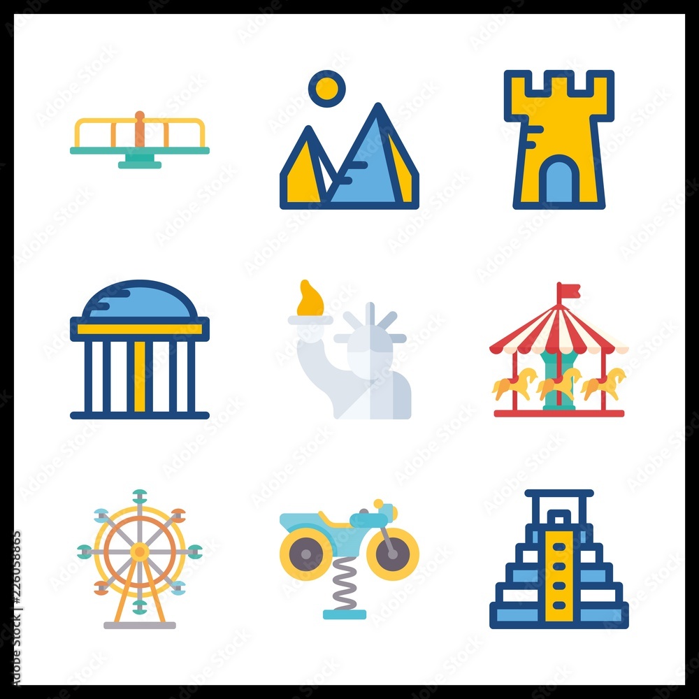 Obraz premium 9 attraction icon. Vector illustration attraction set. pyramids and temple icons for attraction works
