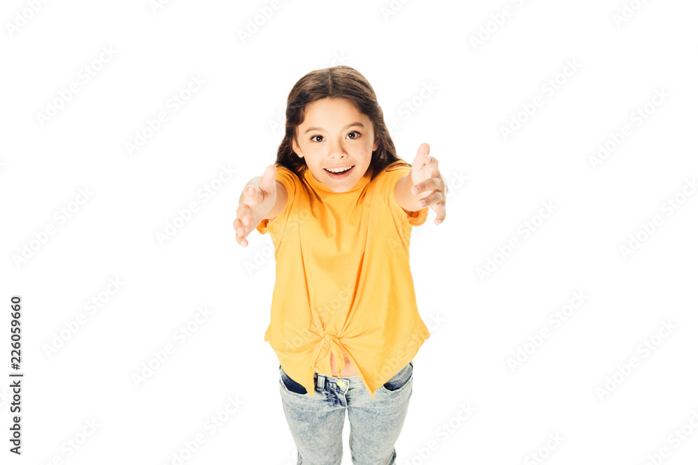 high angle view of adorable happy kid reaching hands and smiling at camera isolated on white high angle view of adorable happy kid reaching hands and smiling at camera isolated on white