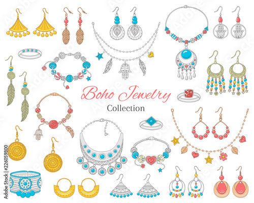 Fashionable boho jewelry accessories collection, vector illustration.