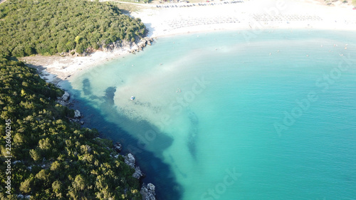 Aerial drone photo of unique beauty of caves and beach o Amoudia near famous beach of Amoudia a natural estuary of river Acheron, Thesprotia, Epirus, Greece