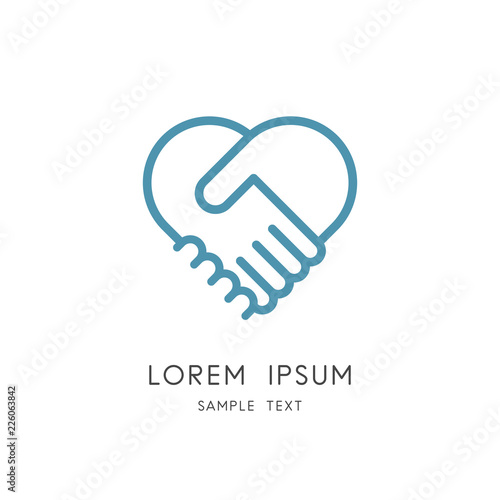 Business handshake outline logo - two hands make a deal and heart symbol. Partnership, cooperation and teamwork, love and relationship vector icon.
