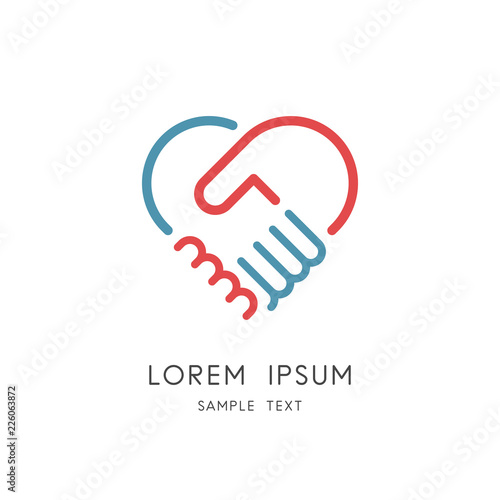 Partnership business outline logo - two hands make a deal and heart symbol. Handshake, cooperation and teamwork, love and relationship vector icon.