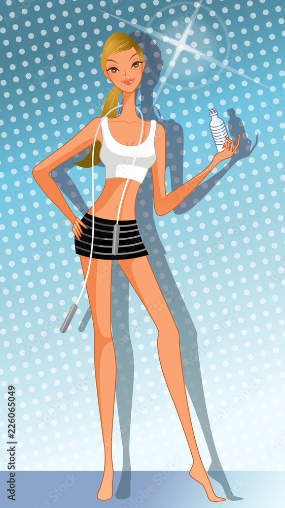 Woman holding bottle against dotted background Woman holding bottle against dotted background