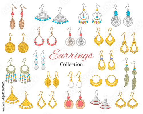 Fashionable earrings collection, vector illustration.