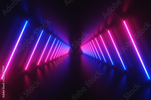 Futuristic Sci-Fi Abstract Blue And Purple Neon Light Shapes On Black Background With Empty Space For Text 3D Rendering Illustration © Connect world