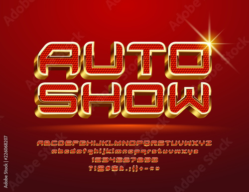 Vector Red and Gold Emblem Auto Show. 3D Modern Font. Luxury bright Alphabet Letters, Numbers and Symbols