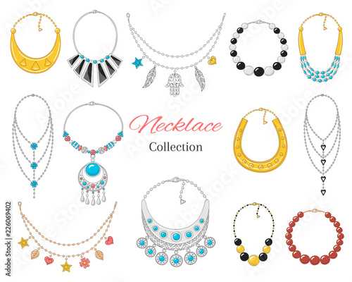 Women's  fashionable necklace collection, vector illustration.