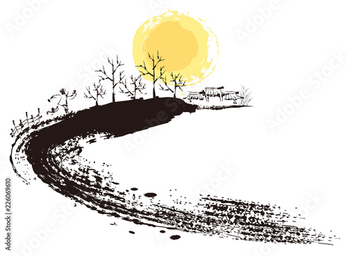Sketch of country side scene on white background