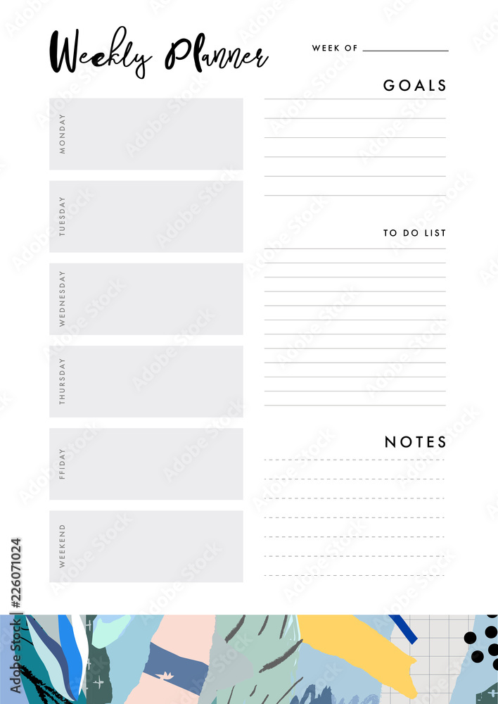 Weekly Planner. Organizer and Schedule with place for Notes, Goals and To Do List. Template design. Vector Weekly Planner. Organizer and Schedule with place for Notes, Goals and To Do List. Template design. Vector