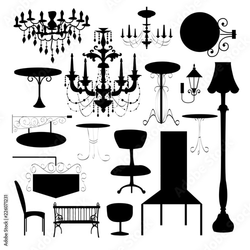 Set of silhouette of luxury chair, sign board and different type of lamp