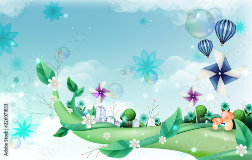 Paper Wind mill and building exterior on creeper plant