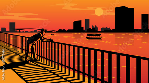 Twilight Sunset at Riverside and Photographer, Vector Illustration Art.