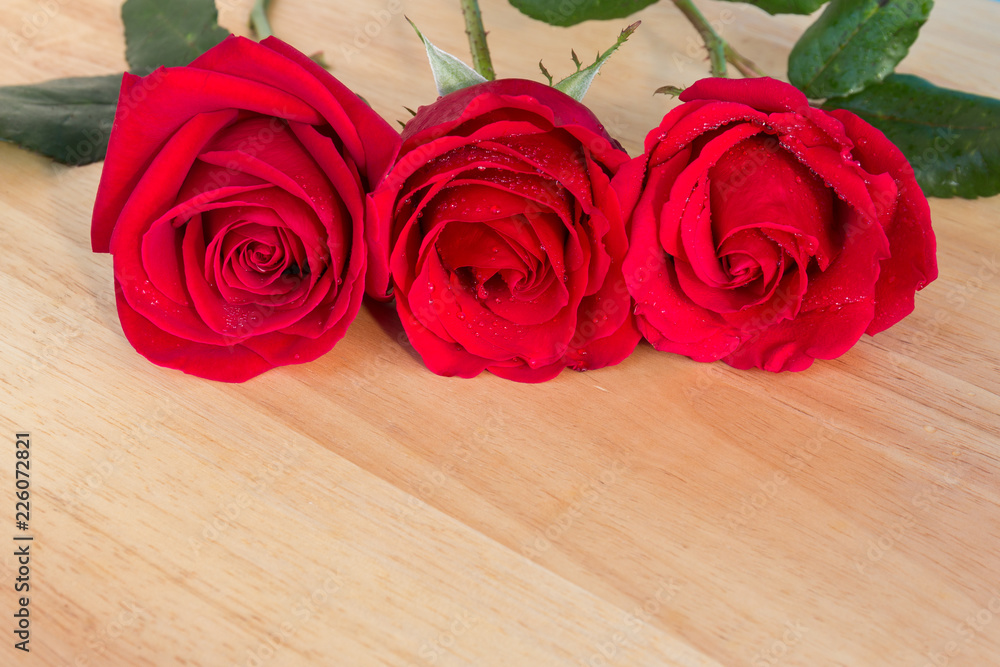 Close up of Beautiful Red Roses on Wooden Desk