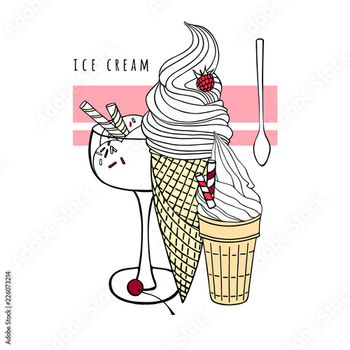 Raspberry ice cream, sweet dessert in a bowl with wafer tubules and cherry, ice cream sundae with waffles. Set of different types of ice creams.  Vector illustration. Hand drawn design element.