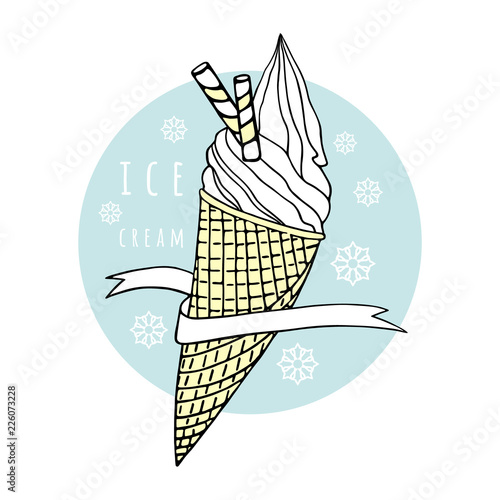 Ice cream cone. Sweet dessert with wafer tubules and ribbon. Hand drawn vector illustration.