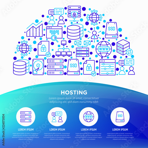 Hosting concept in half circle with thin line icons: VPS, customer support, domain name, automated backup, SSD, control panel, secure server, local network, SSL. Vector illustration, web page template