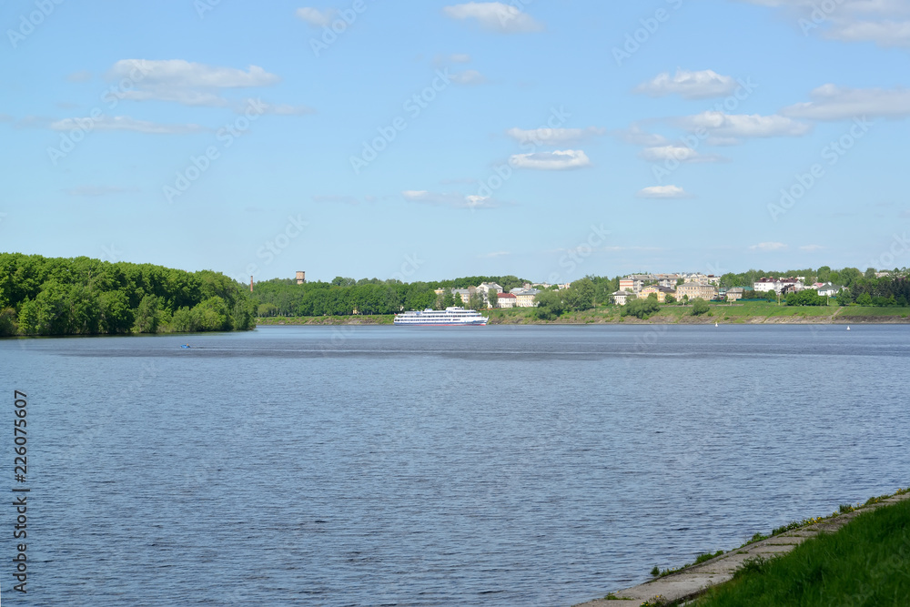 The Volga River overlooking the city of Uglich in summer day. Yaroslavl region