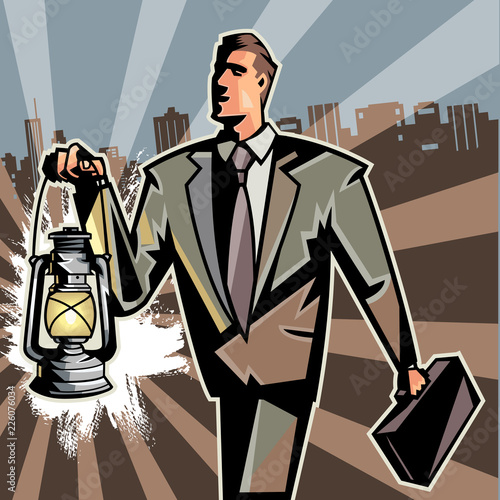 Businessman carrying lantern and suitcase