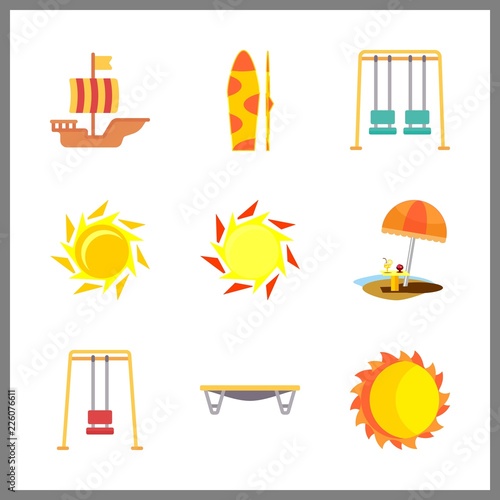 9 sunset icon. Vector illustration sunset set. sailing boat and swing icons for sunset works