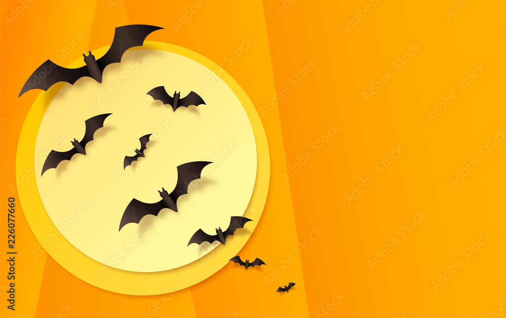 Orange paper background with black bats on yellow moon. Vector Halloween greeting card background