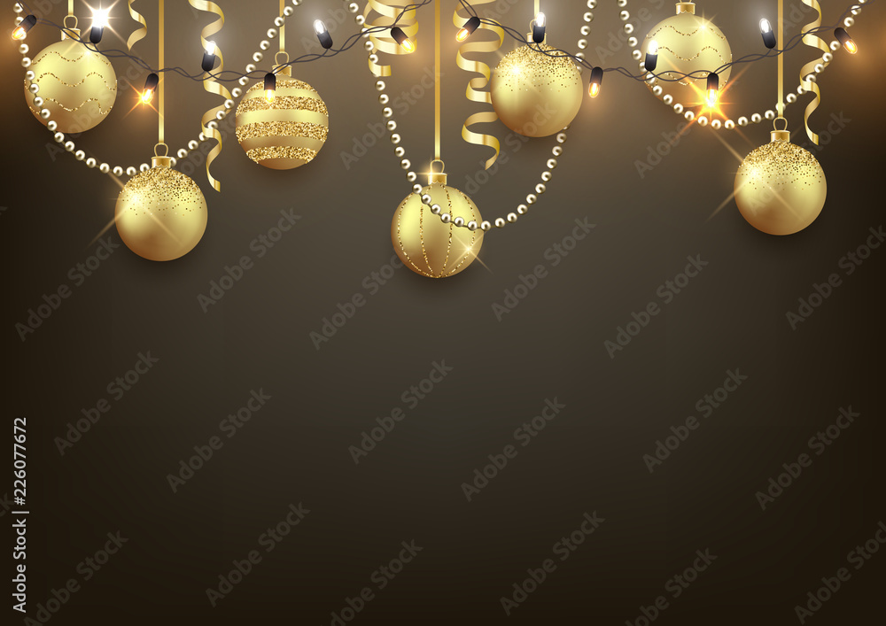 Christmas and New Year background design, decorative balls with shiny lights and confetti, vector illustration Christmas and New Year background design, decorative balls with shiny lights and confetti, vector illustration