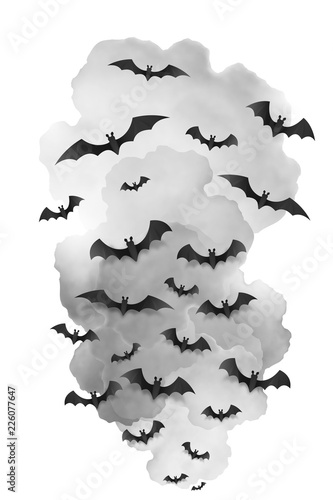 Black smoke cloud with black flying bats. Scary halloween vector background element