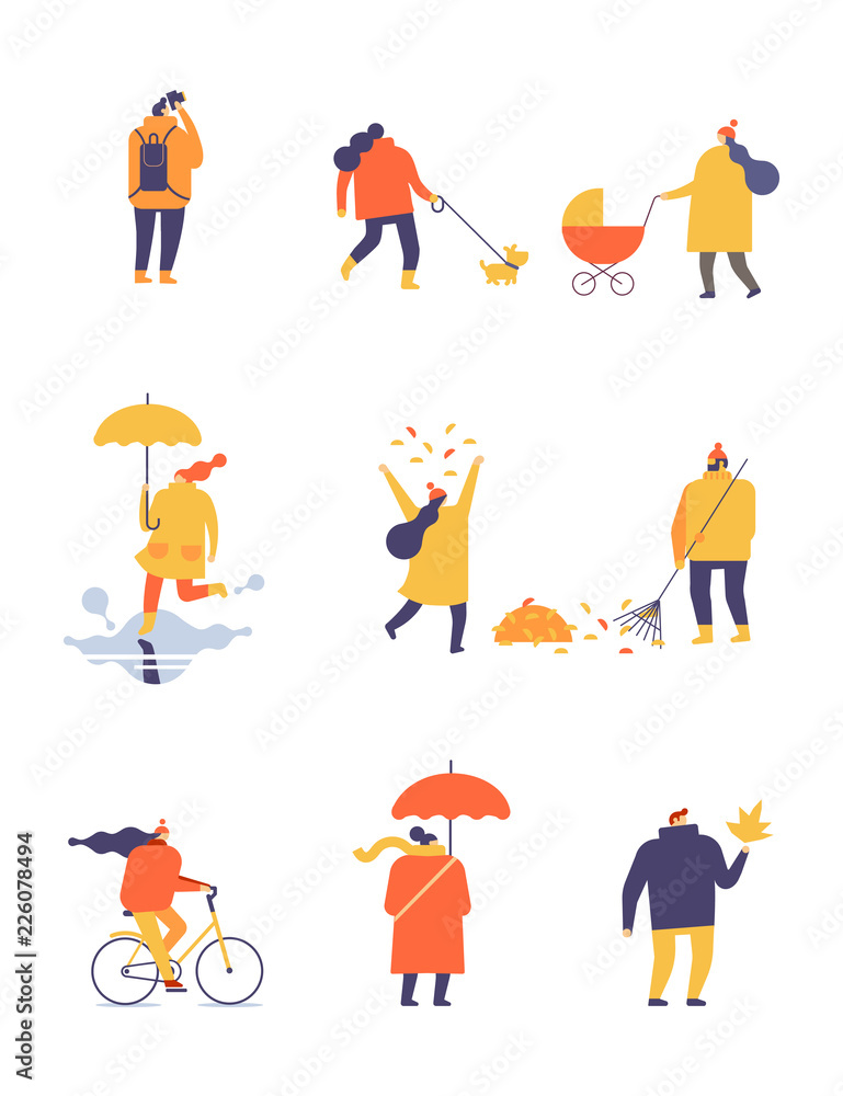 Vector set of people in warm autumn clothes. Girl throwing up yellow leaves, jumping through puddles, riding bicycle, walking with baby carriage. Man taking photo, cleaning leaves. Flat illustration. Vector set of people in warm autumn clothes. Girl throwing up yellow leaves, jumping through puddles, riding bicycle, walking with baby carriage. Man taking photo, cleaning leaves. Flat illustration.