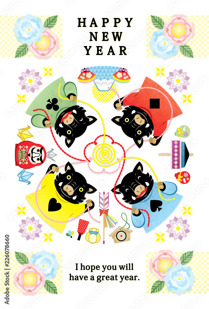 ２０１９年亥年完成年賀状テンプレート 華やかいのししカルテット Happy New Year Stock Illustration Adobe Stock