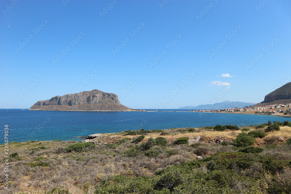 Scenic view to Monemvasia island and Mediterranean sea, Peloponnese, Greece