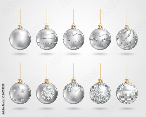 Set of realistic silver Christmas balls with different patterns of sequins. Vector illustration