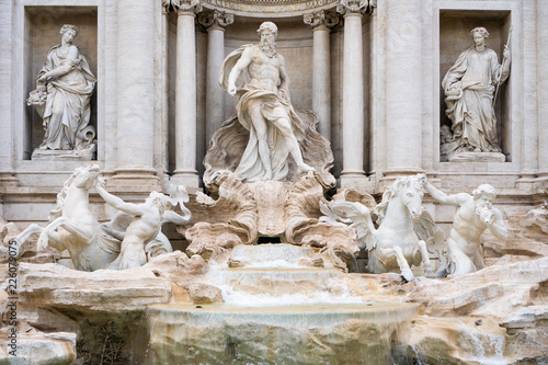 The Trevi fountain with Oceanus, god of the sea, in the center in Rome, Italy
