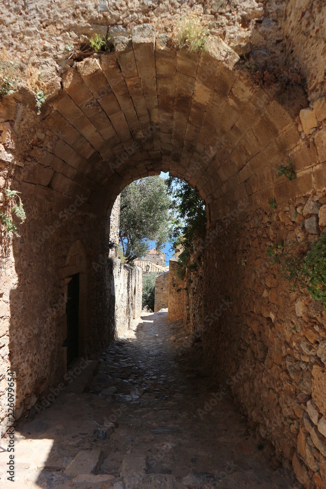 Arch on a medieval street, Monemvasia, Peloponnese, Greece