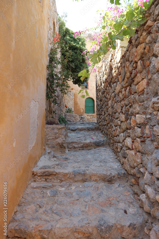 Cozy narrow street in old town Monemvasia, Peloponnese, Greece