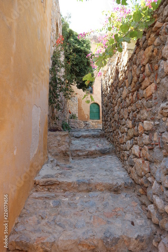 Cozy narrow street in old town Monemvasia  Peloponnese  Greece