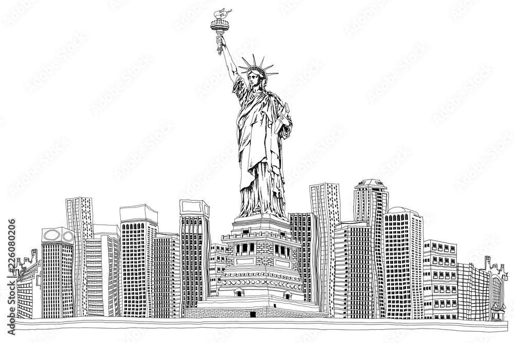 Naklejka premium Statue of liberty by skyscrapers