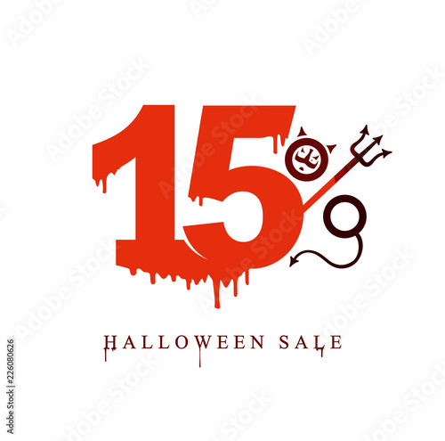 Halloween Sale. Vector template banner of holiday sale discounts are fifteen percent. Red stains drawn figures 15%. The pitchfork devil and horns feature in the form of a percent sign. 
