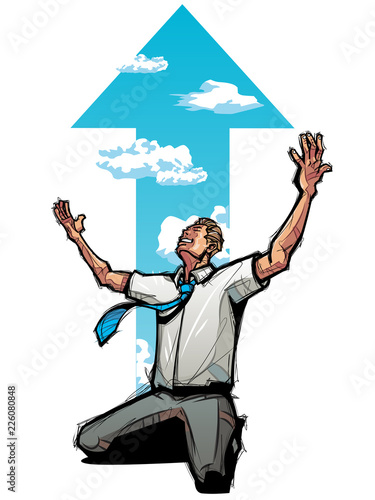 Businessman kneeling, arrow sign in the background
