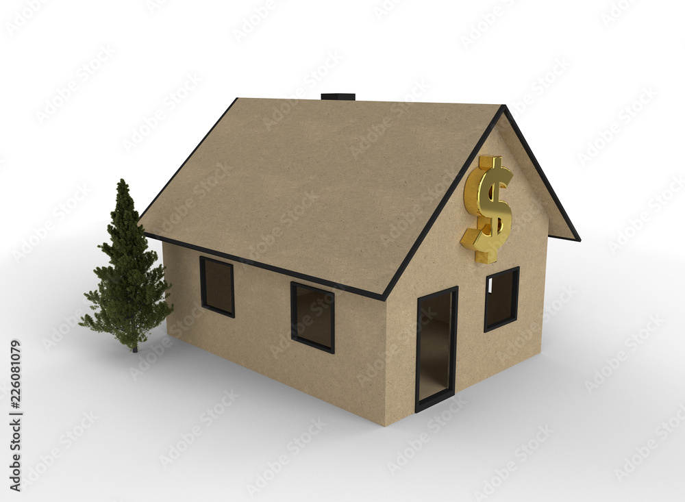 3D render of cardboard house with dollar symbol. 3D render of cardboard house with dollar symbol.