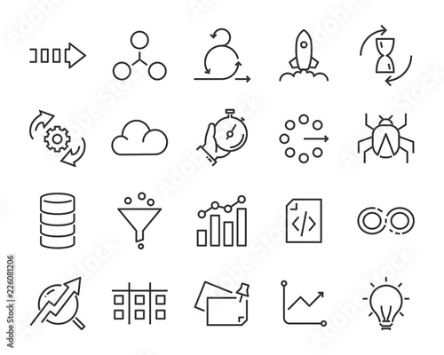 simple set of vector line icons, contain such lcon as speed, agile, boost, process, time and more