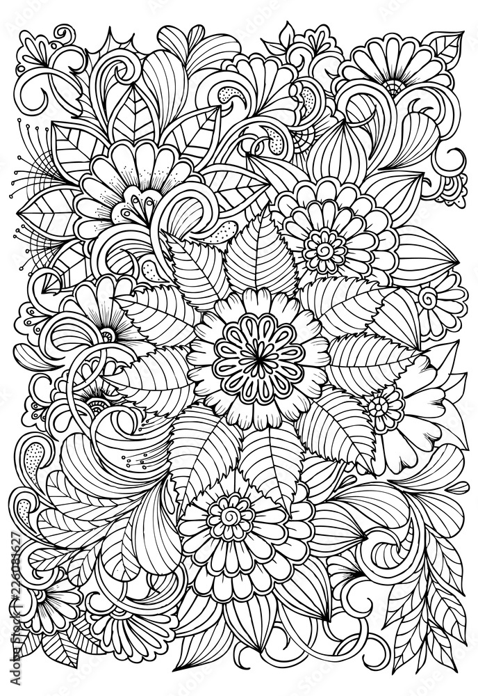 Outline vector drawing of flowers for adult coloring books. Page of ...
