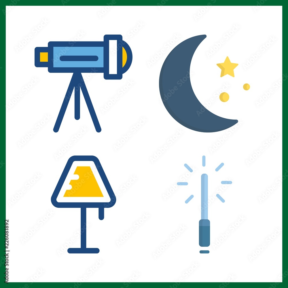 4 dark icon. Vector illustration dark set. lamp and telescope icons for dark works