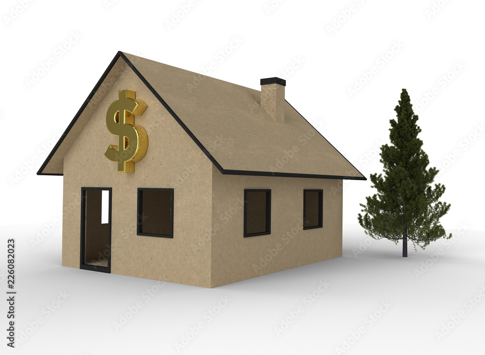 3D render of cardboard house with dollar symbol. 3D render of cardboard house with dollar symbol.