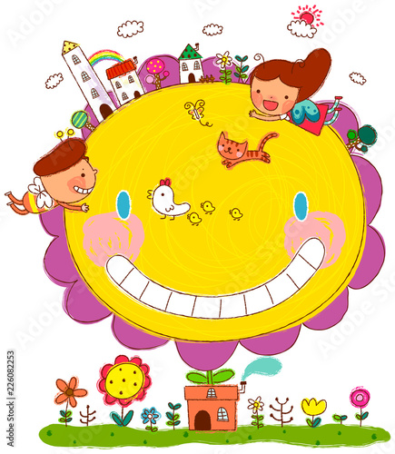 Children with hen, chicken and buildings on flower head over house