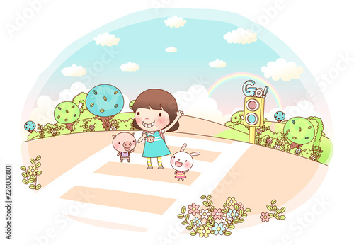 Girl with rabbit and pig standing on road, waving