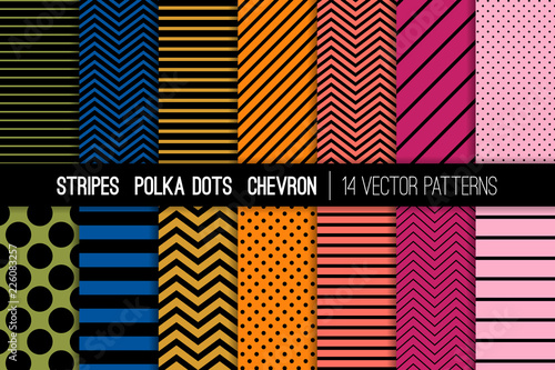  Stripes, Polka Dots and Chevron Vector Patterns Set in Spring / Summer 2019 Color Palette. Modern Minimal Design. Future Color Trend Forecast. Repeating Pattern Tile Swatches Included.