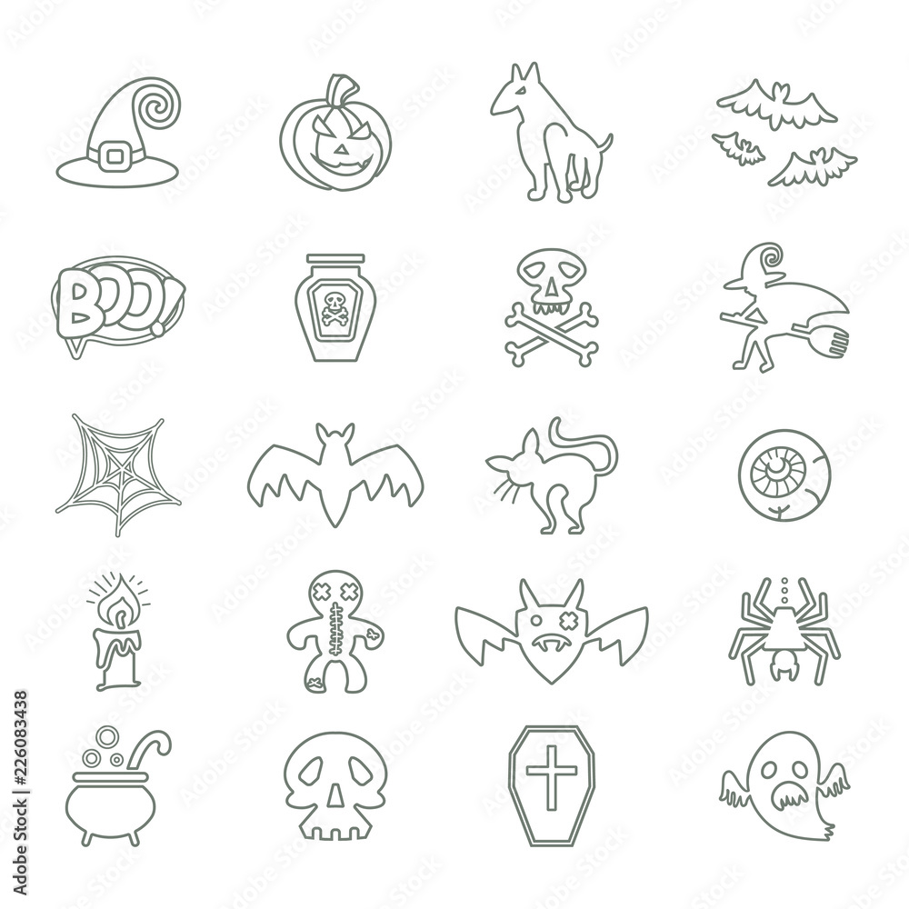 Halloween. Set of vector line icons on a theme of a Happy Halloween. Twenty holiday symbols. Flat graphic design. Halloween. Set of vector line icons on a theme of a Happy Halloween. Twenty holiday symbols. Flat graphic design.